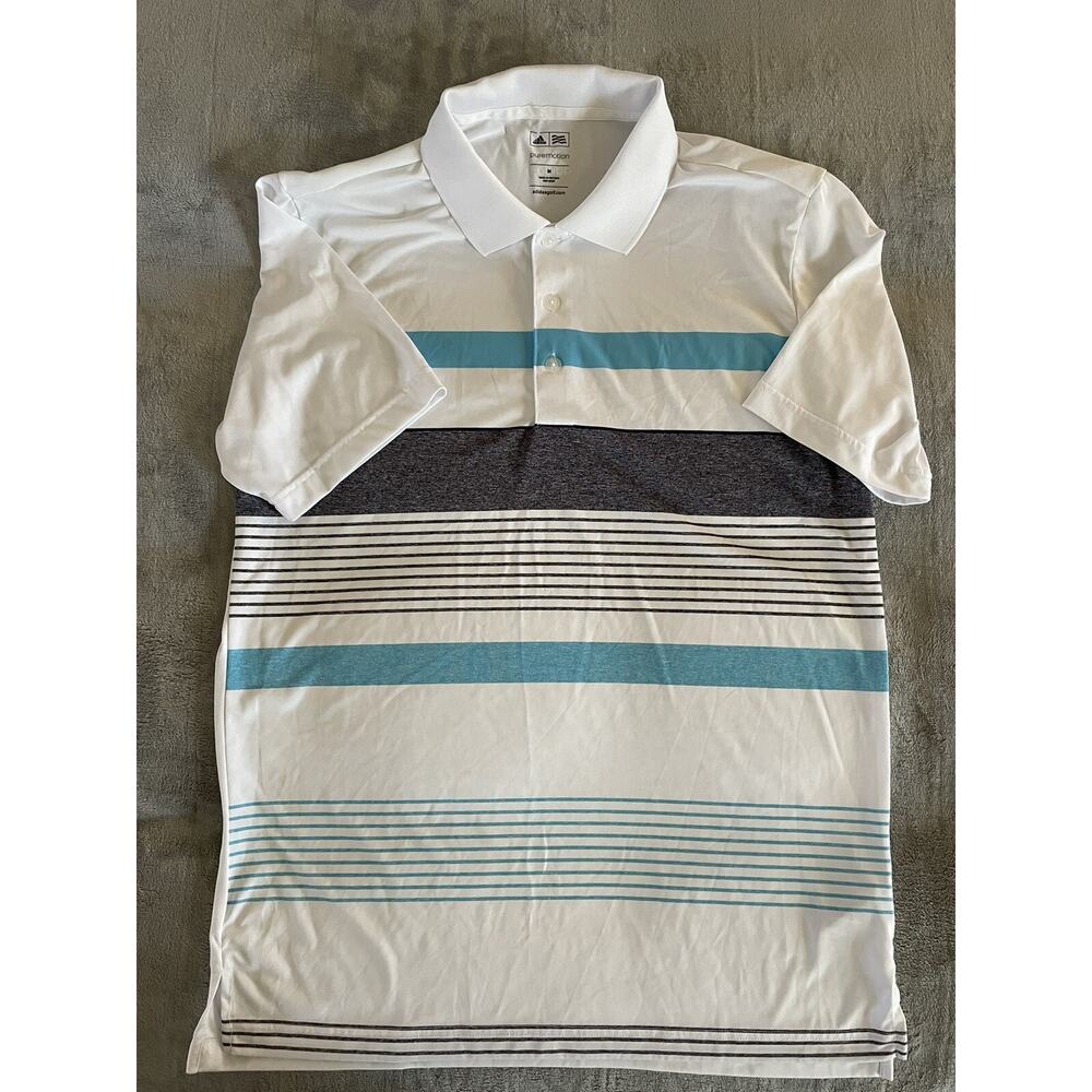 NEW Adidas Pure Motion Medium White Striped Poly/Spandex PoloGolf Shirt/Top